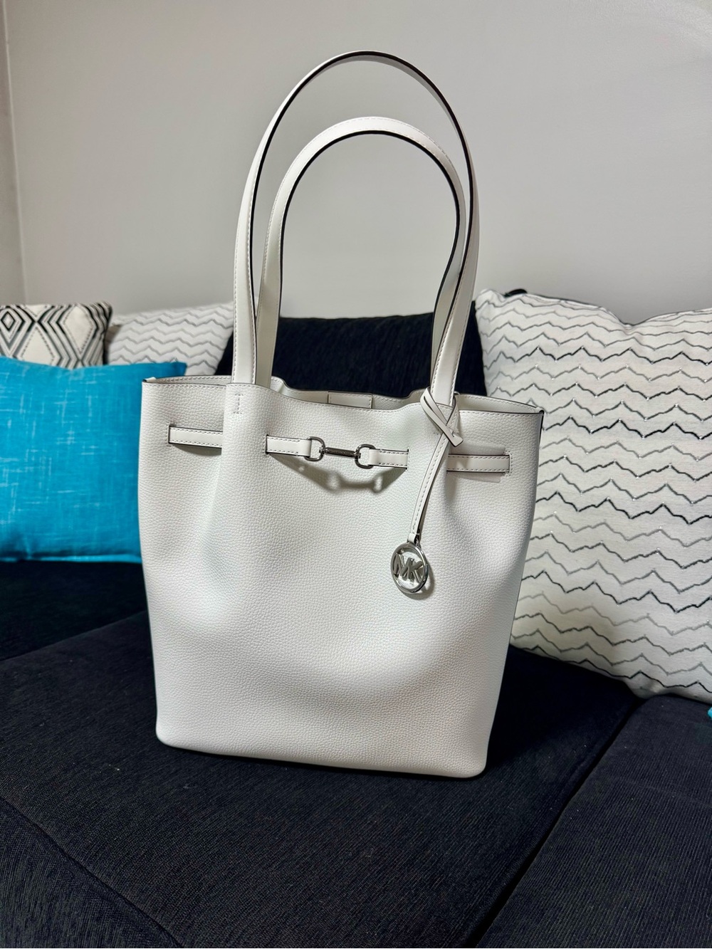 Michael Kors White Pebbled Leather Tote with MK Charm